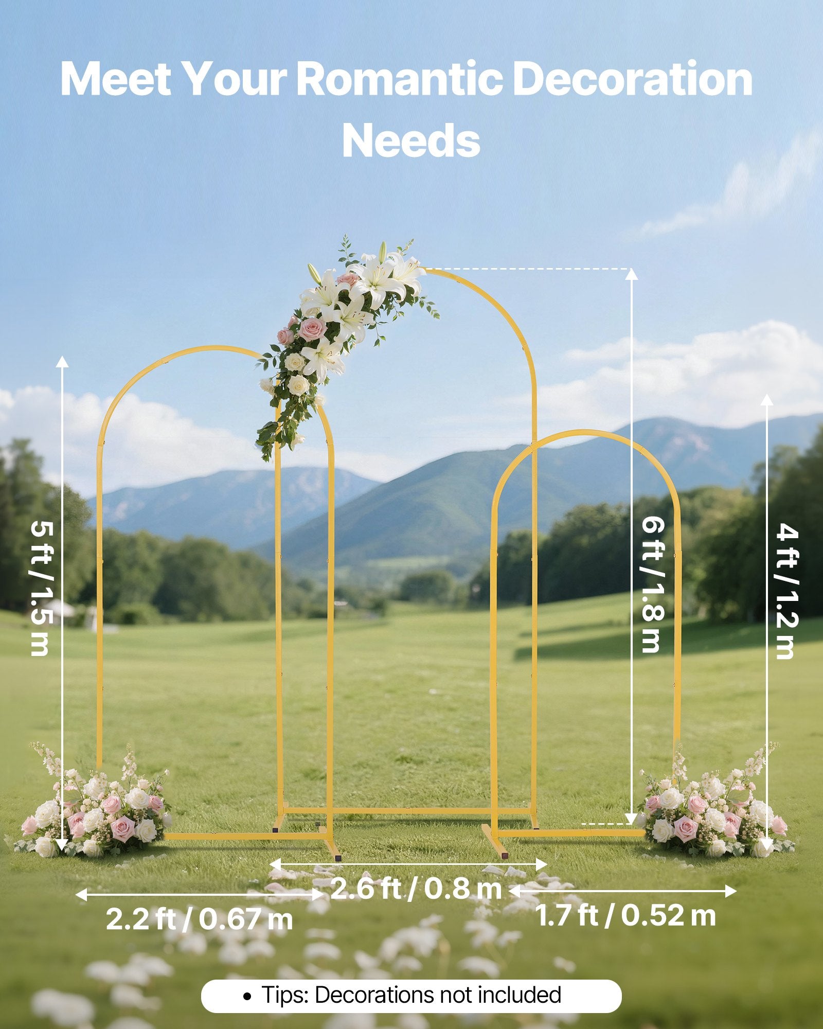 Arch Backdrop Stand Set of 3 1.8/1.5/1.2m Gold Metal for Events