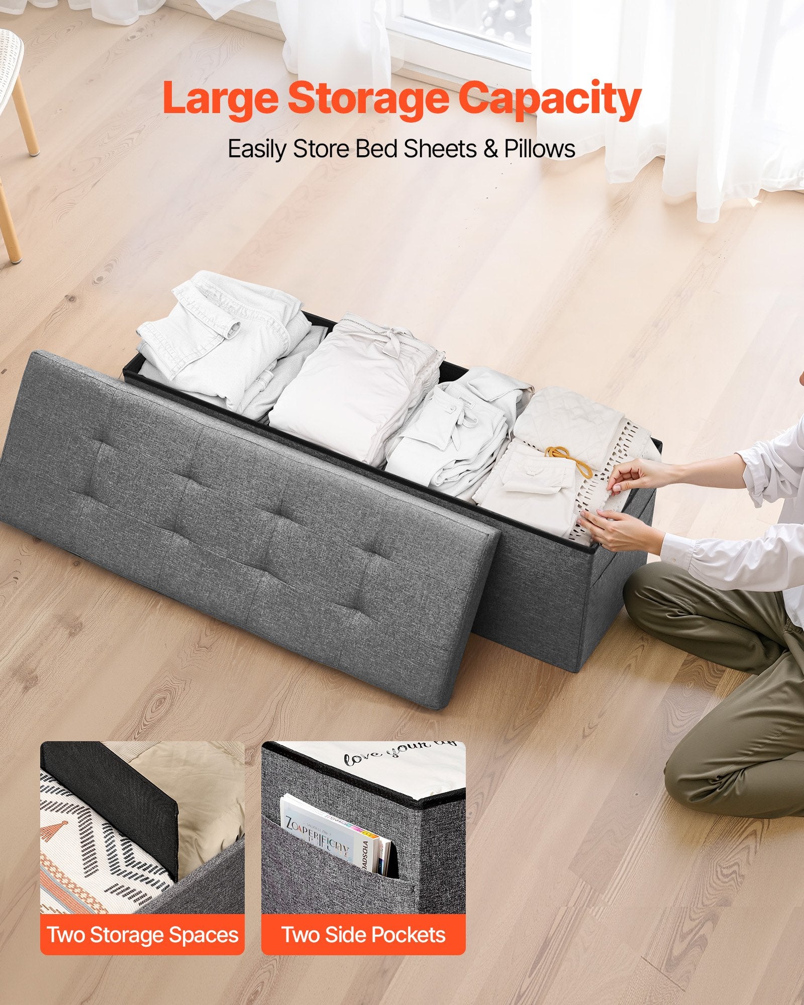 Foldable Storage Ottoman Bench Side Bags Upholstered Linen Chest 660 lbs Grey