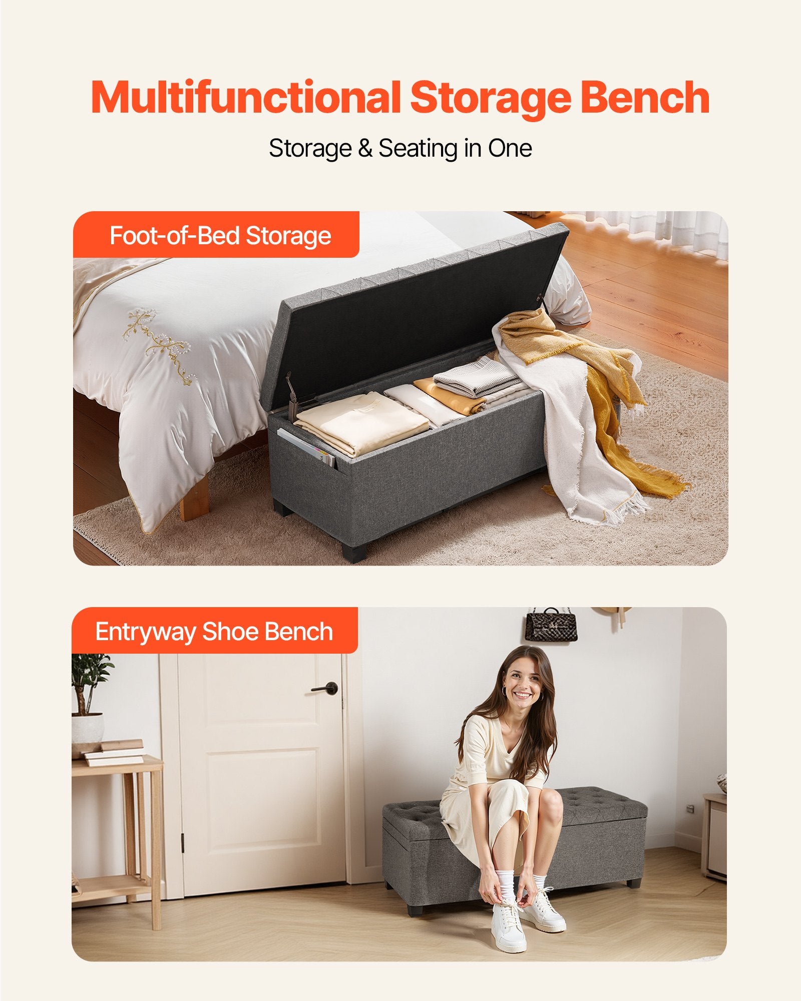 Storage Ottoman Bench Button-Tufted Side Bags Flip-Up Linen Metal Frame Grey
