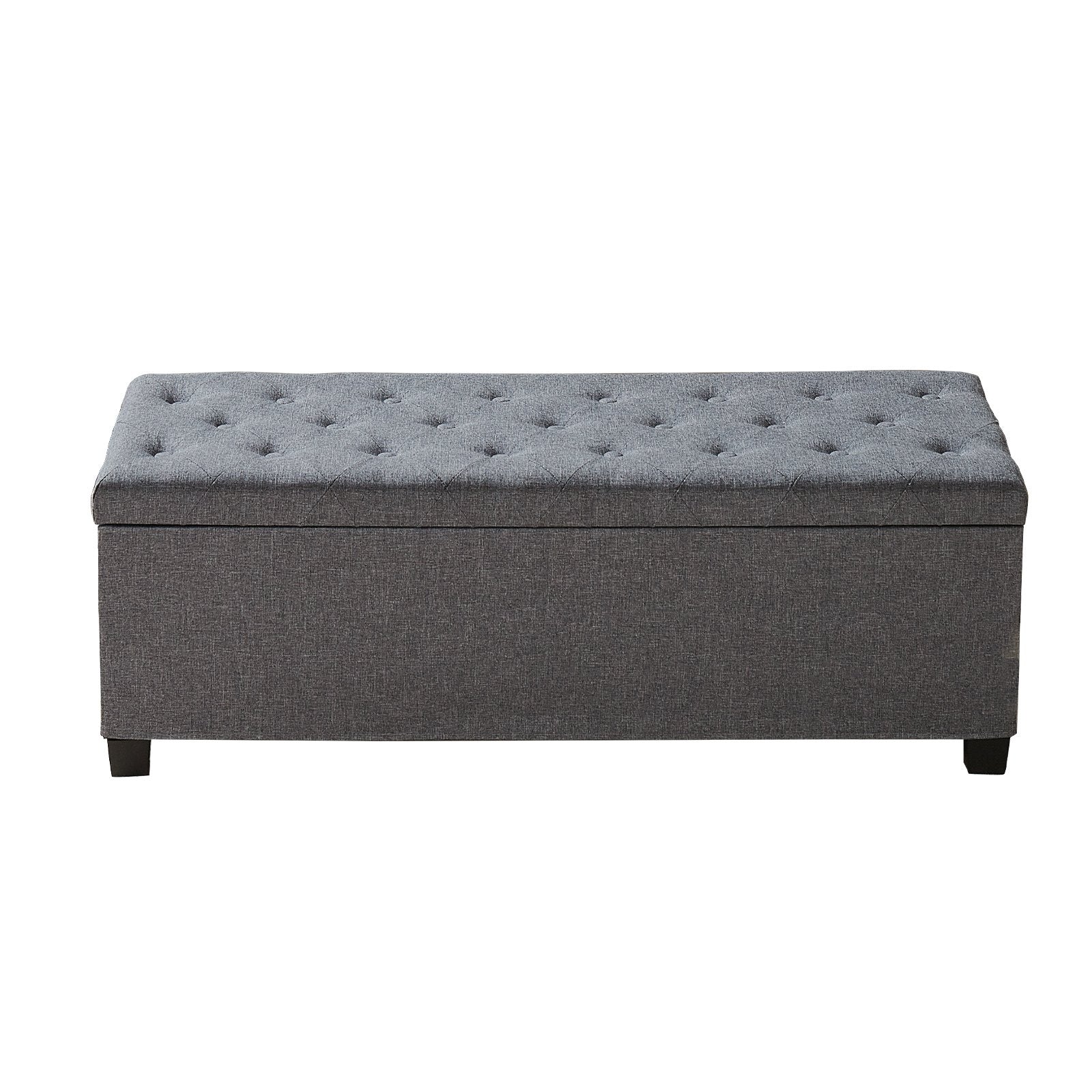Storage Ottoman Bench Button-Tufted Side Bags Flip-Up Linen Metal Frame Grey