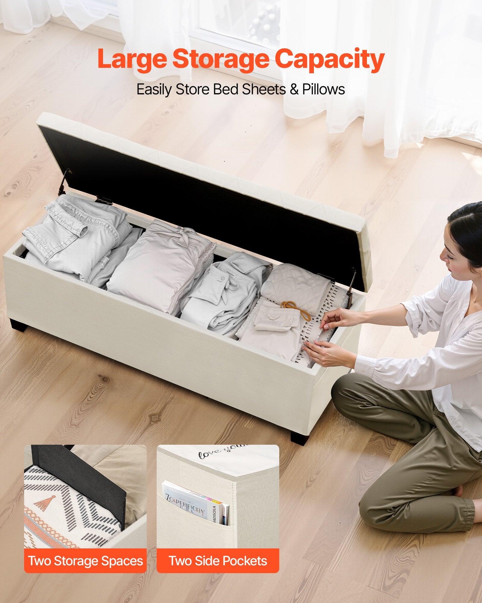 Storage Ottoman Bench Button-Tufted Flip-Up Chest Side Bags Linen Beige