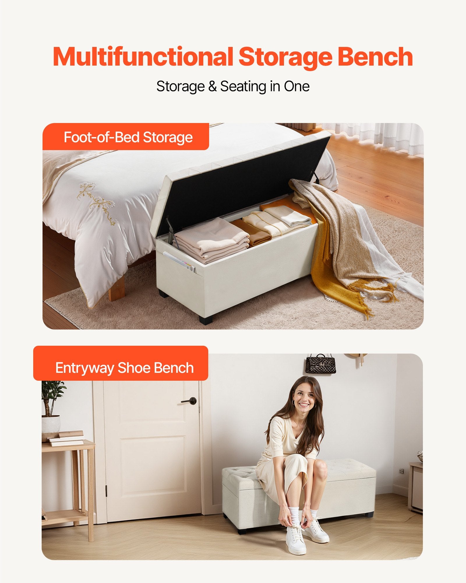 Storage Ottoman Bench Button-Tufted Flip-Up Chest Side Bags Linen Beige