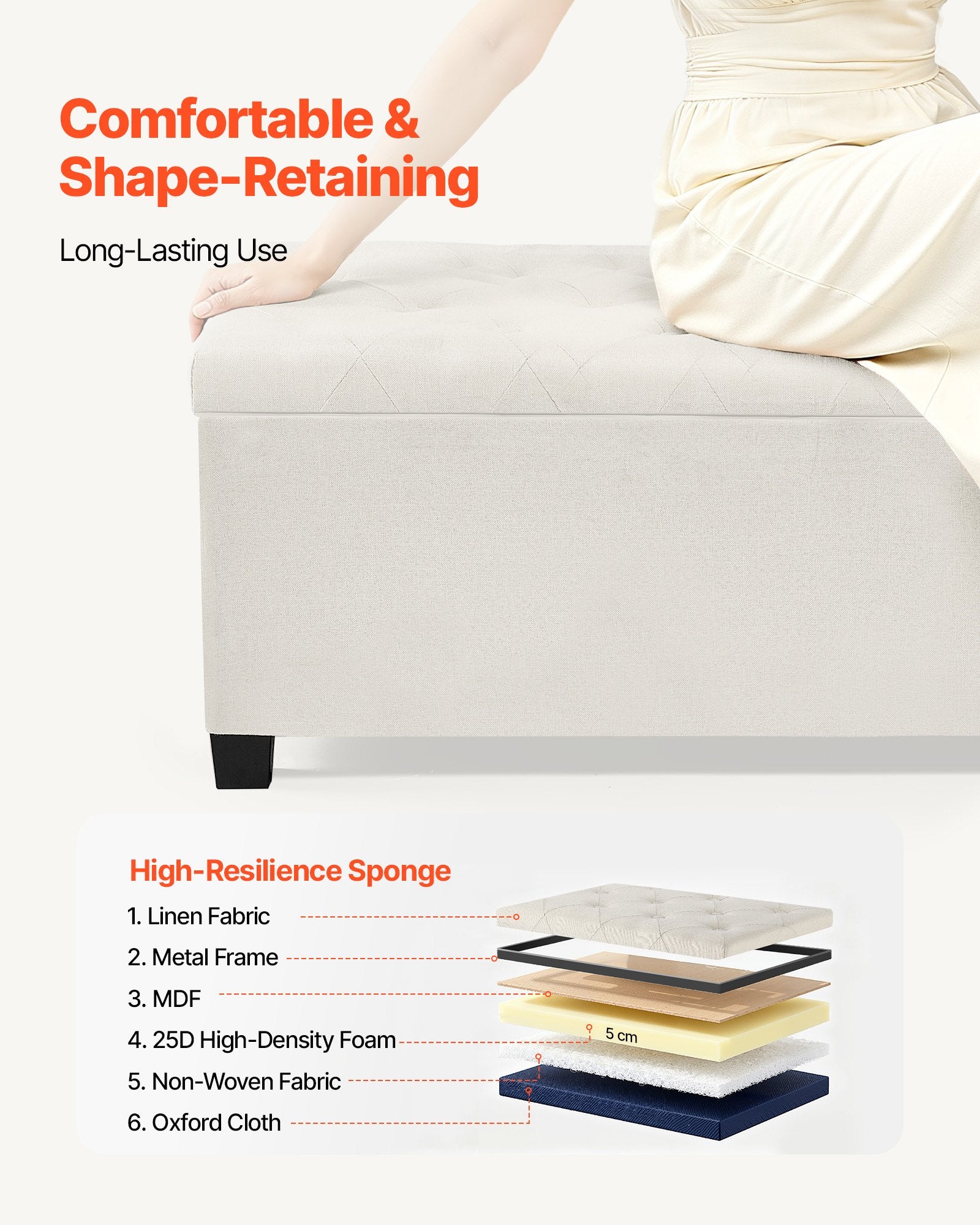 Storage Ottoman Bench Button-Tufted Flip-Up Chest Side Bags Linen Beige