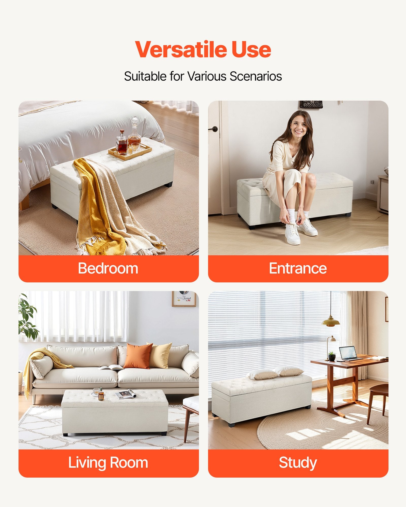 Storage Ottoman Bench Button-Tufted Flip-Up Chest Side Bags Linen Beige