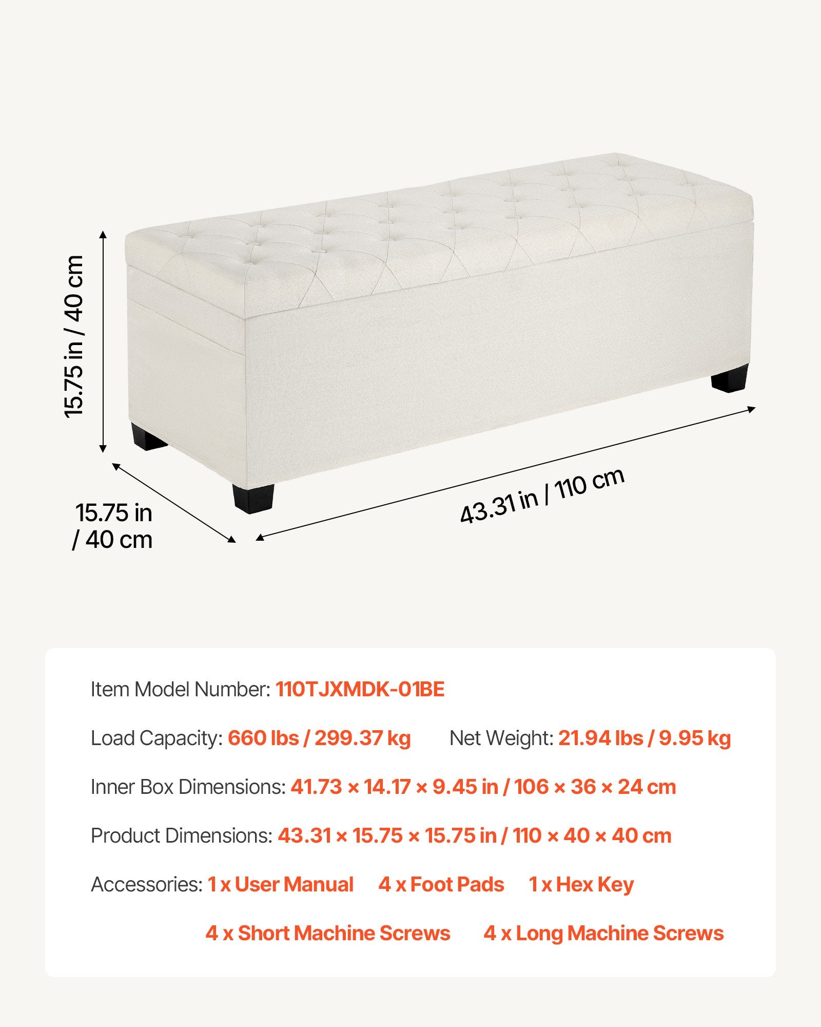 Storage Ottoman Bench Button-Tufted Flip-Up Chest Side Bags Linen Beige