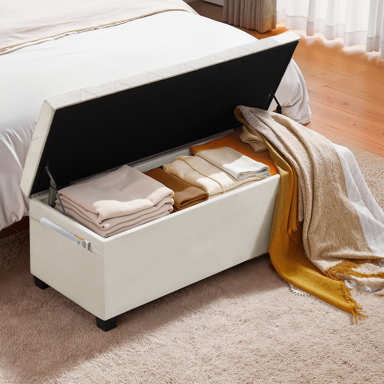 Storage Ottoman Bench Button-Tufted Flip-Up Chest Side Bags Linen Beige