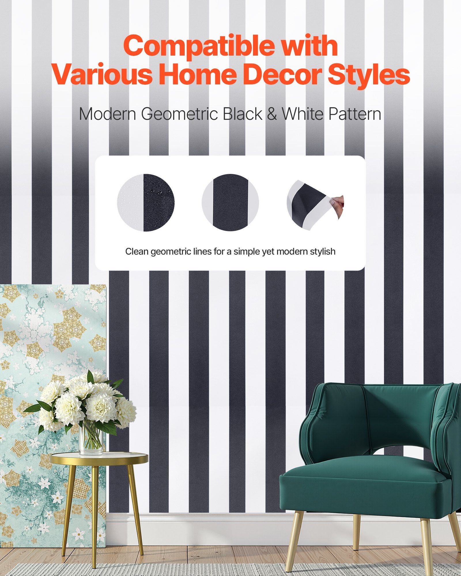 Peel and Stick Wallpaper 45cmx15m Black White Geometric Waterproof Self Adhesive
