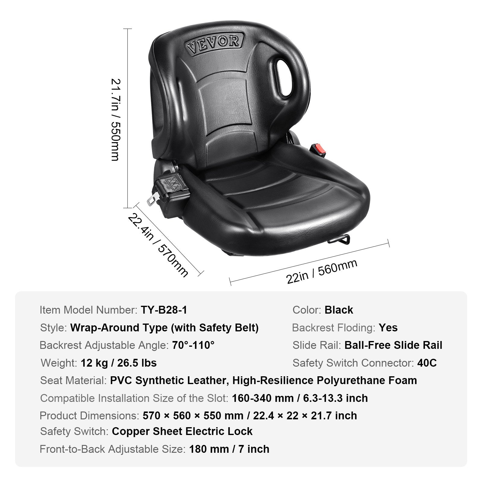 Universal Forklift Seat with Adjustable Back Micro Switch & Seatbelt for Tractor