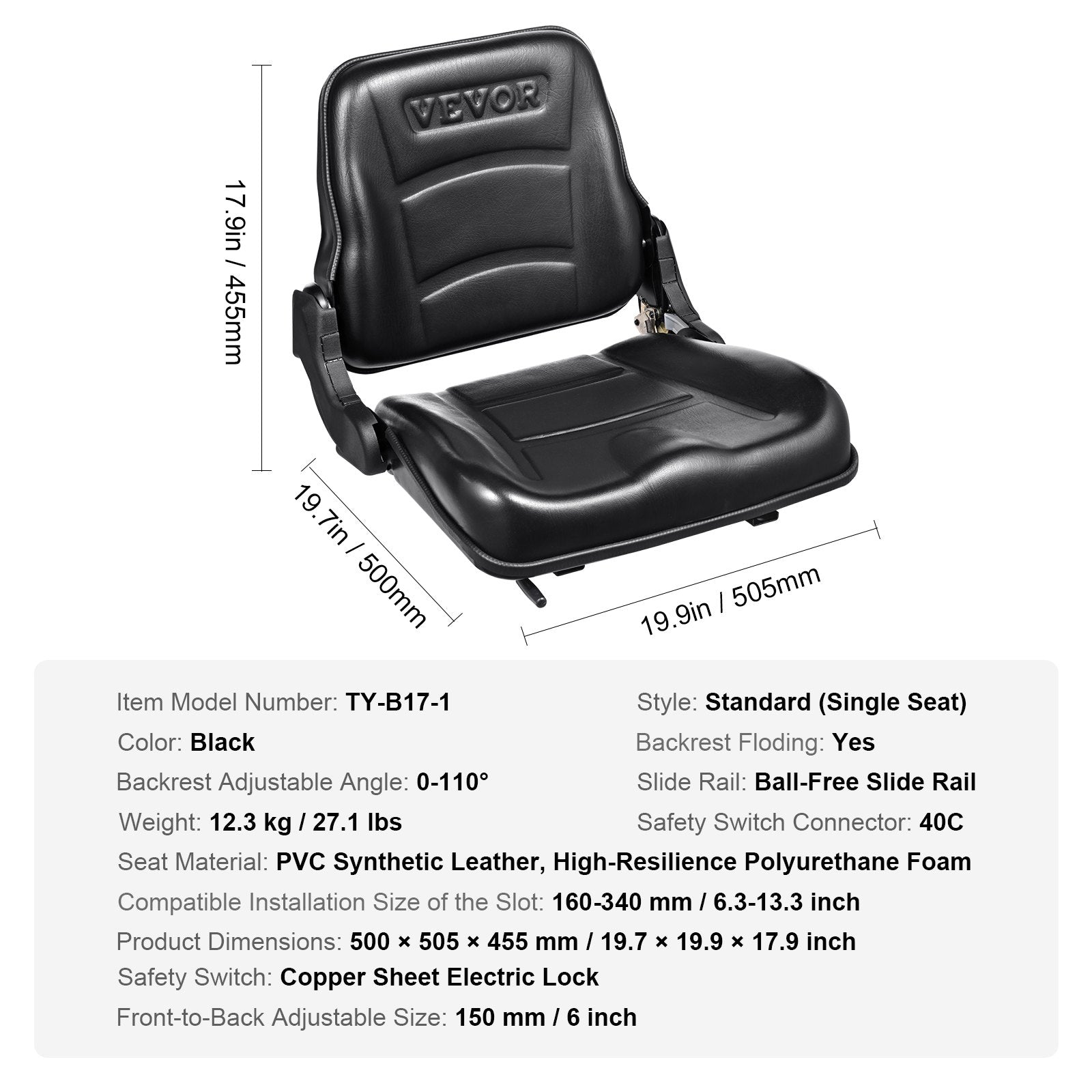Universal Forklift Seat Adjustable Backrest Foldable Safety Switch