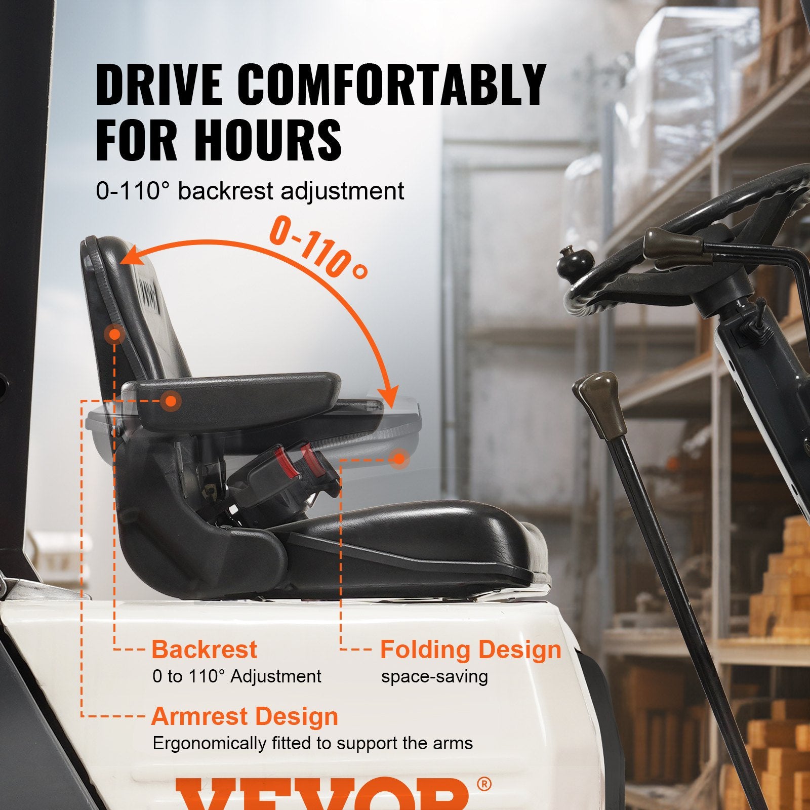 Universal Forklift Seat with Armrests Seatbelt Adjustable
