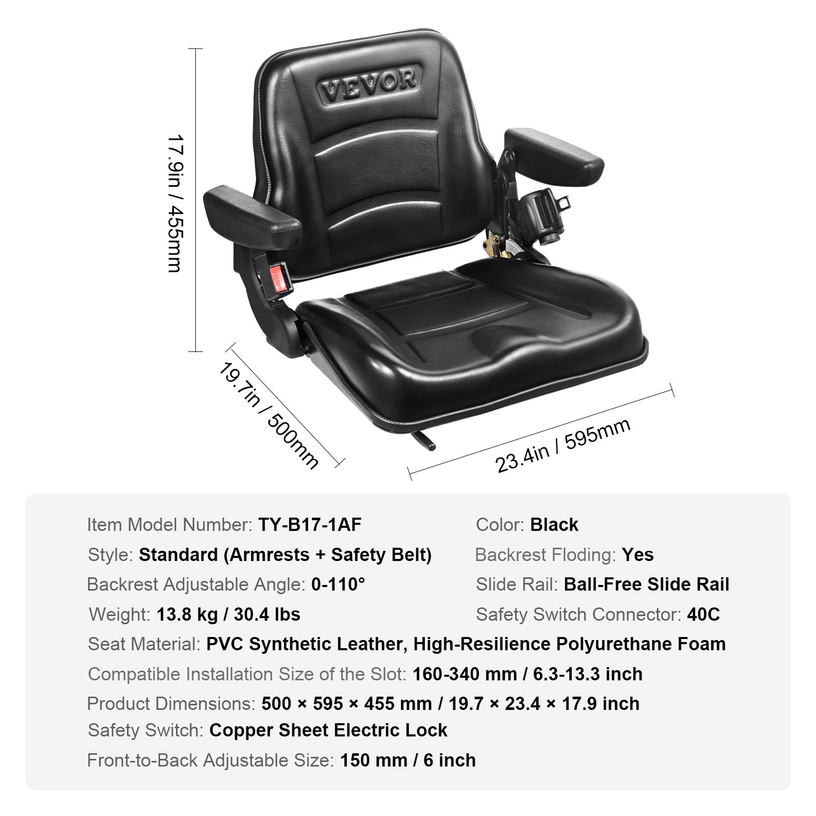 Universal Forklift Seat with Armrests Seatbelt Adjustable