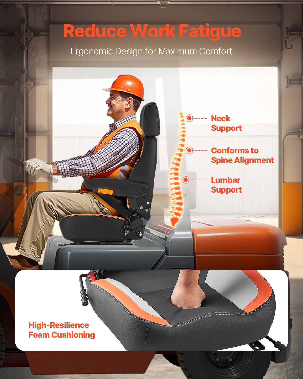 Universal Tractor Seat with Headrest Armrests Adjustable Back Safety