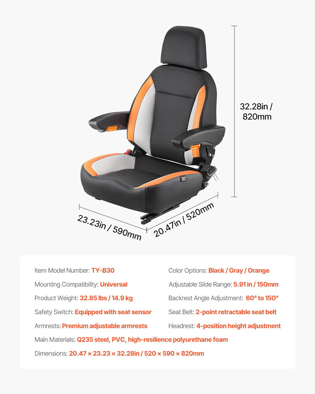 Universal Tractor Seat with Headrest Armrests Adjustable Back Safety