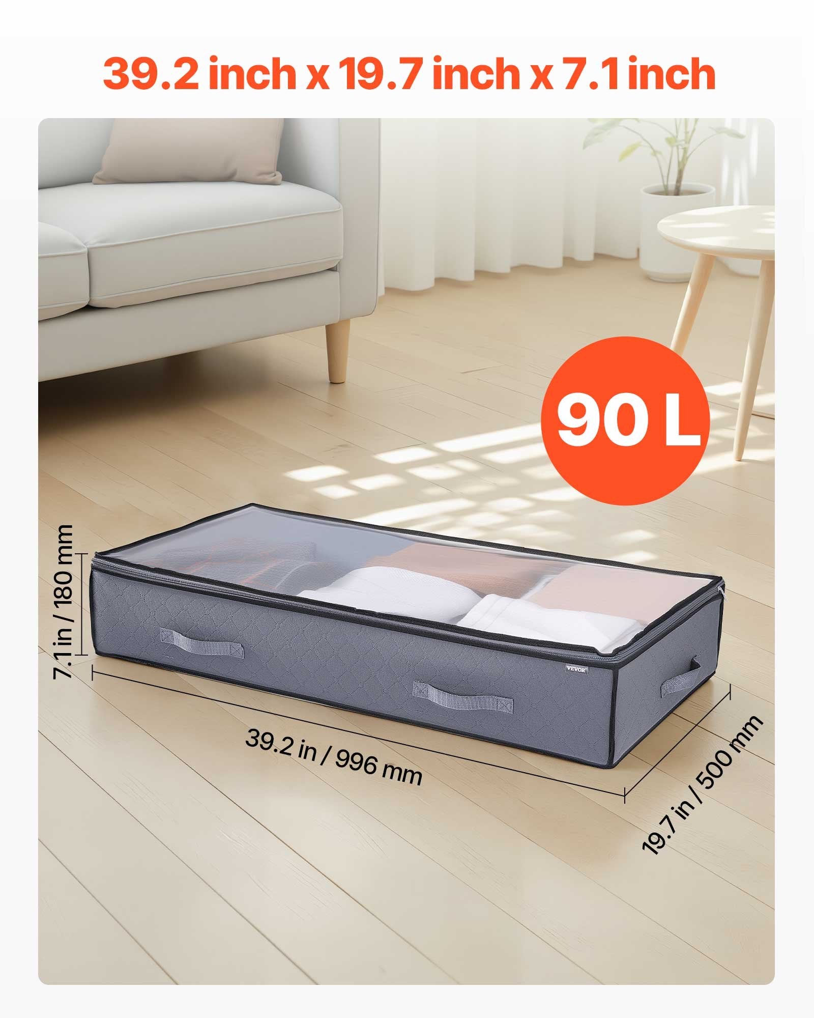 Low Profile Under Bed Storage with Clear Lids, 90L Underbed Boxes, 6 Pack