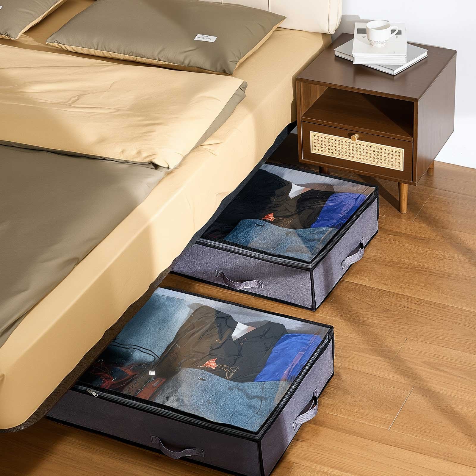 Low Profile Under Bed Storage with Clear Lids, 90L Underbed Boxes, 6 Pack