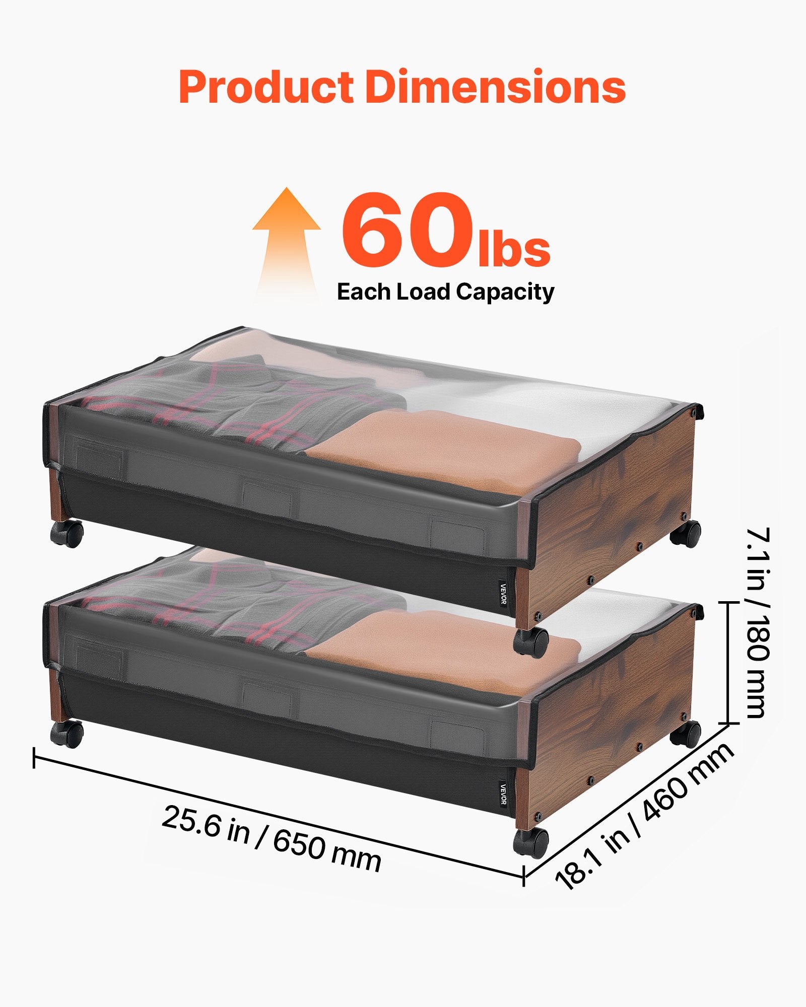 Under Bed Storage with Wheels 650x460x180mm Lockable Rolling Bins 2 Pack