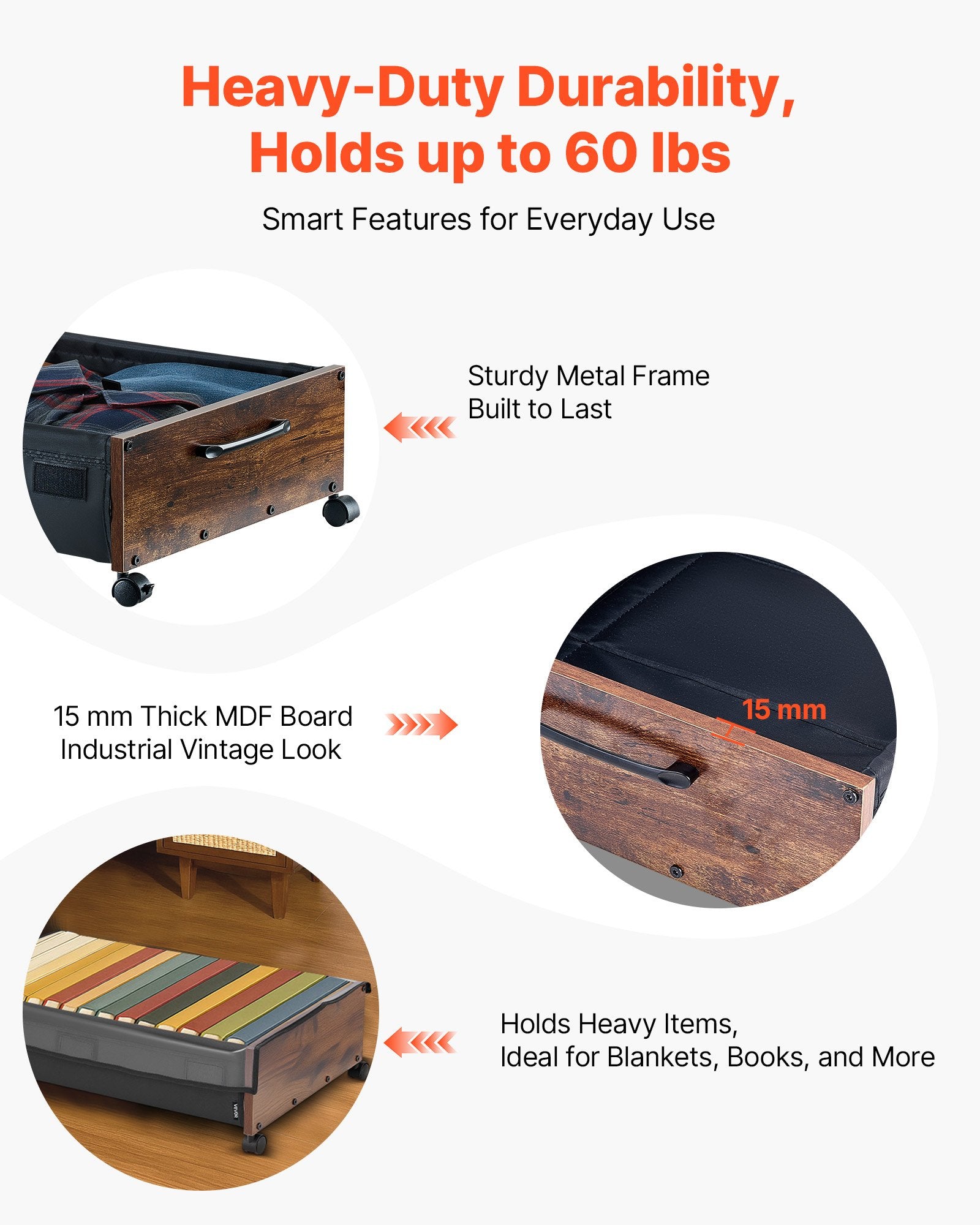 Under Bed Storage with Wheels 650x460x180mm Lockable Rolling Bins 2 Pack