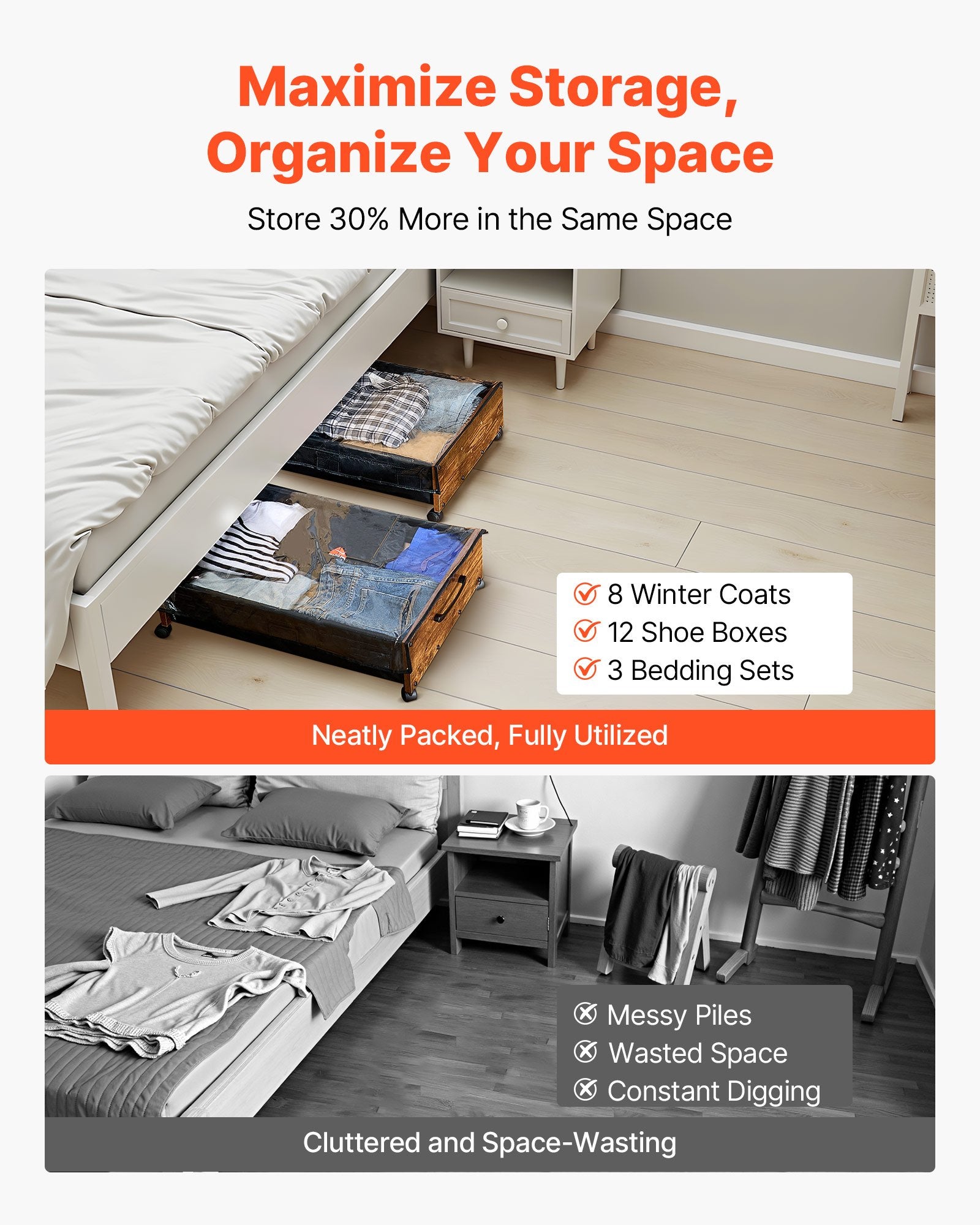 Under Bed Storage with Wheels 650x460x180mm Lockable Rolling Bins 2 Pack
