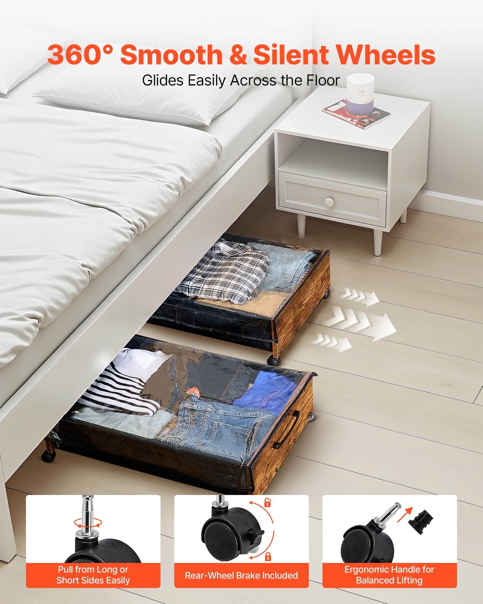 Under Bed Storage with Wheels 650x460x180mm Lockable Rolling Bins 2 Pack