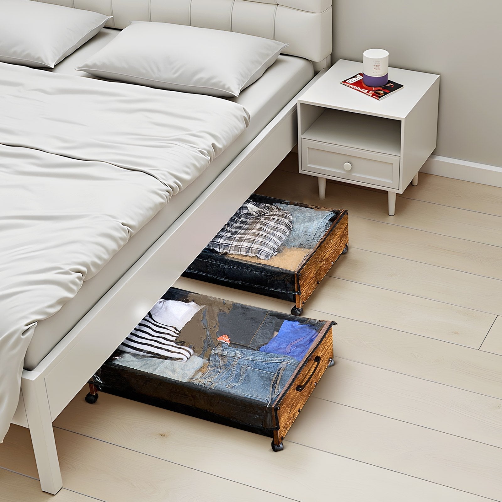 Under Bed Storage with Wheels 650x460x180mm Lockable Rolling Bins 2 Pack