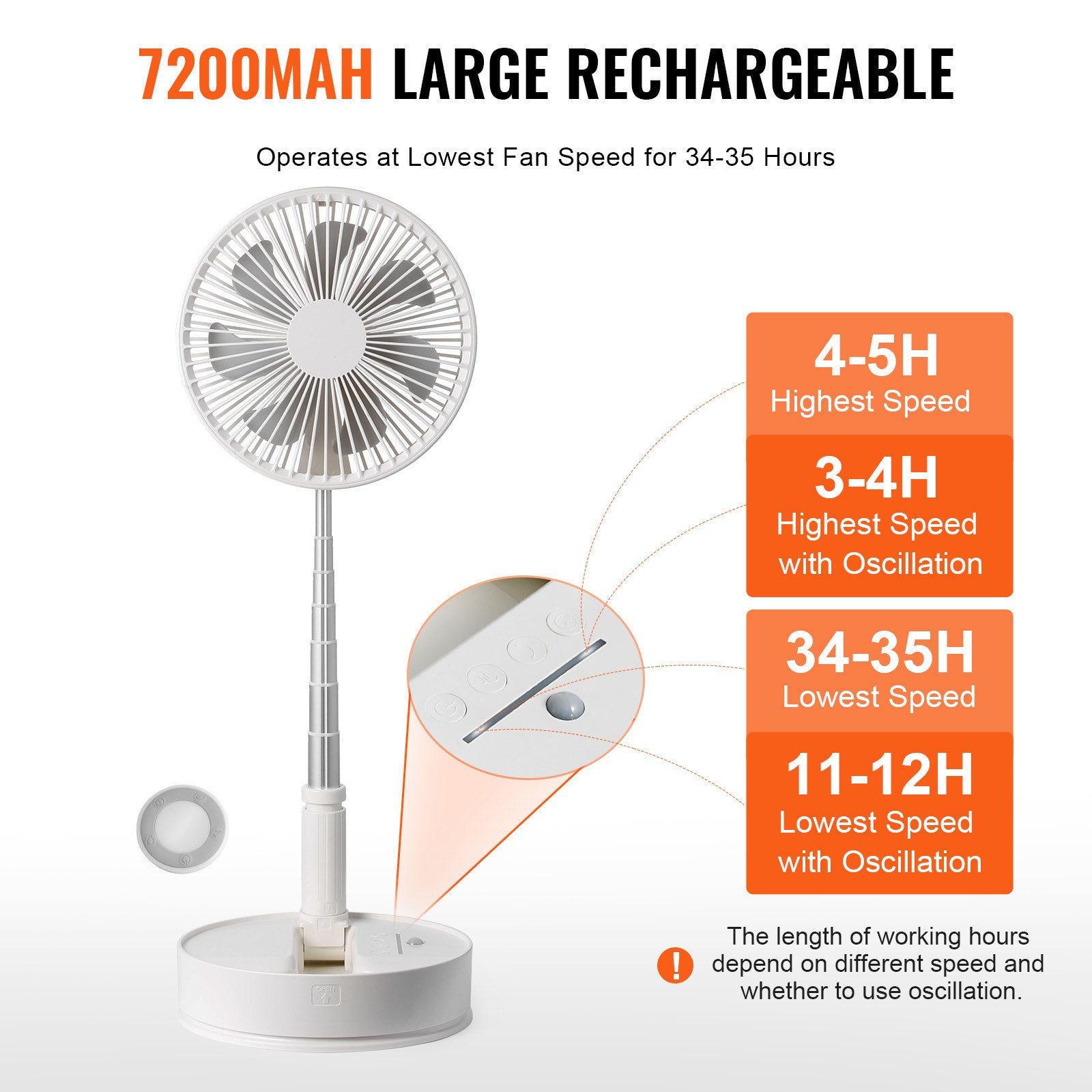 8" Foldable Oscillating Standing Fan 4-Speed Portable USB Rechargeable Remote