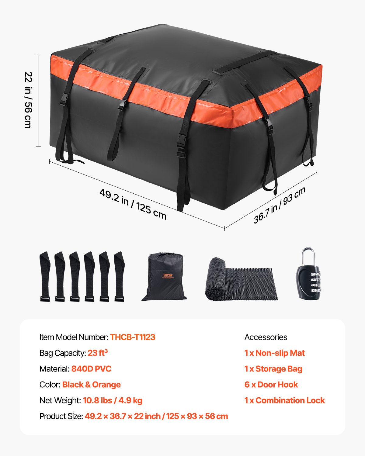 Car Rooftop Cargo Carrier Bag 23cuft Heavy Duty 840D PVC Waterproof w/Lock Mat