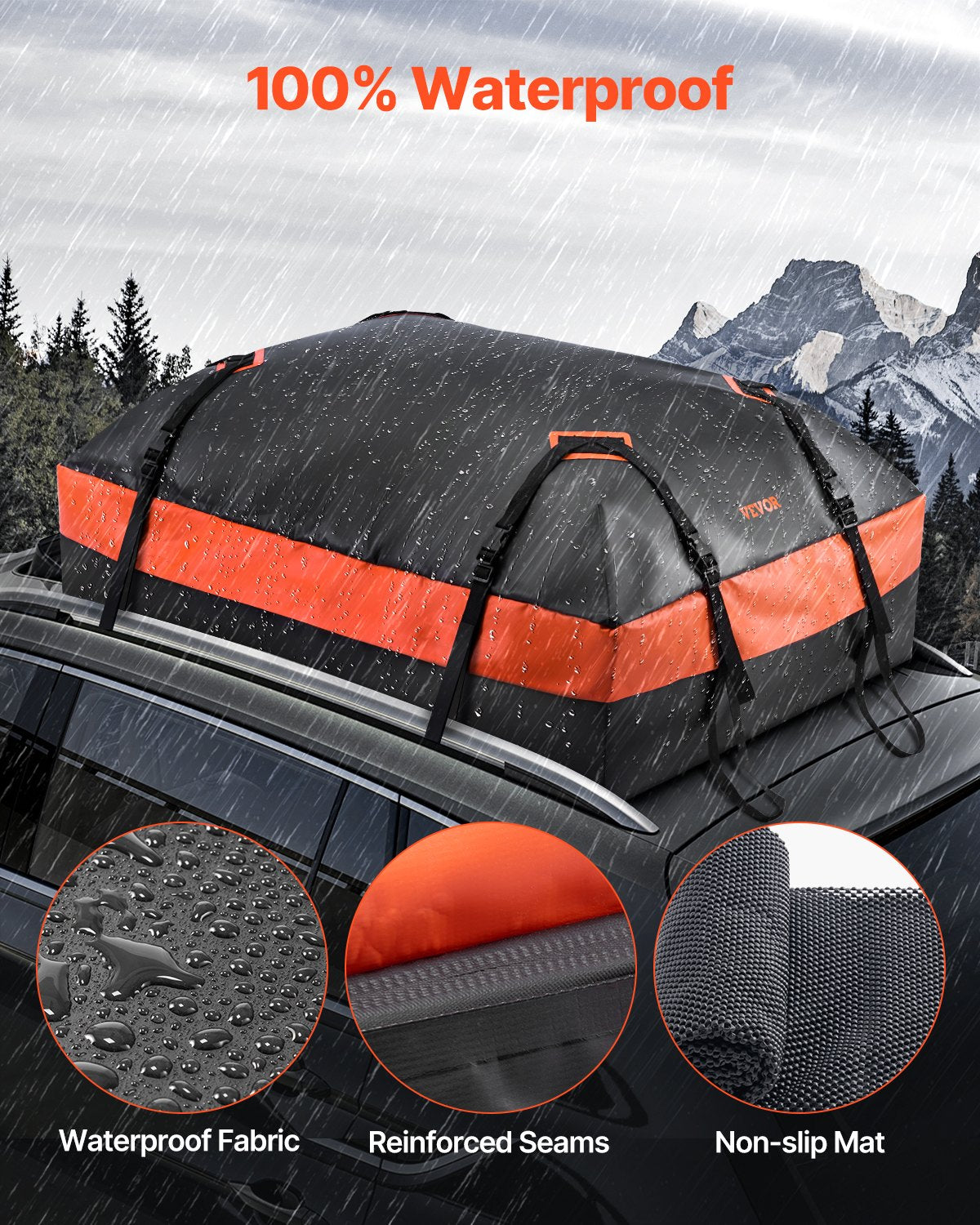 Car Rooftop Cargo Carrier Bag 15cuft Heavy Duty 840D PVC Waterproof w/Lock Mat