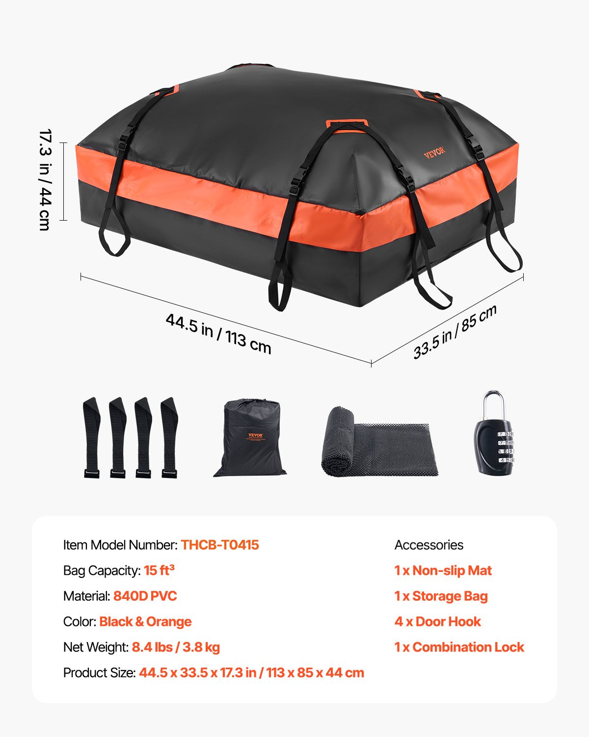 Car Rooftop Cargo Carrier Bag 15cuft Heavy Duty 840D PVC Waterproof w/Lock Mat