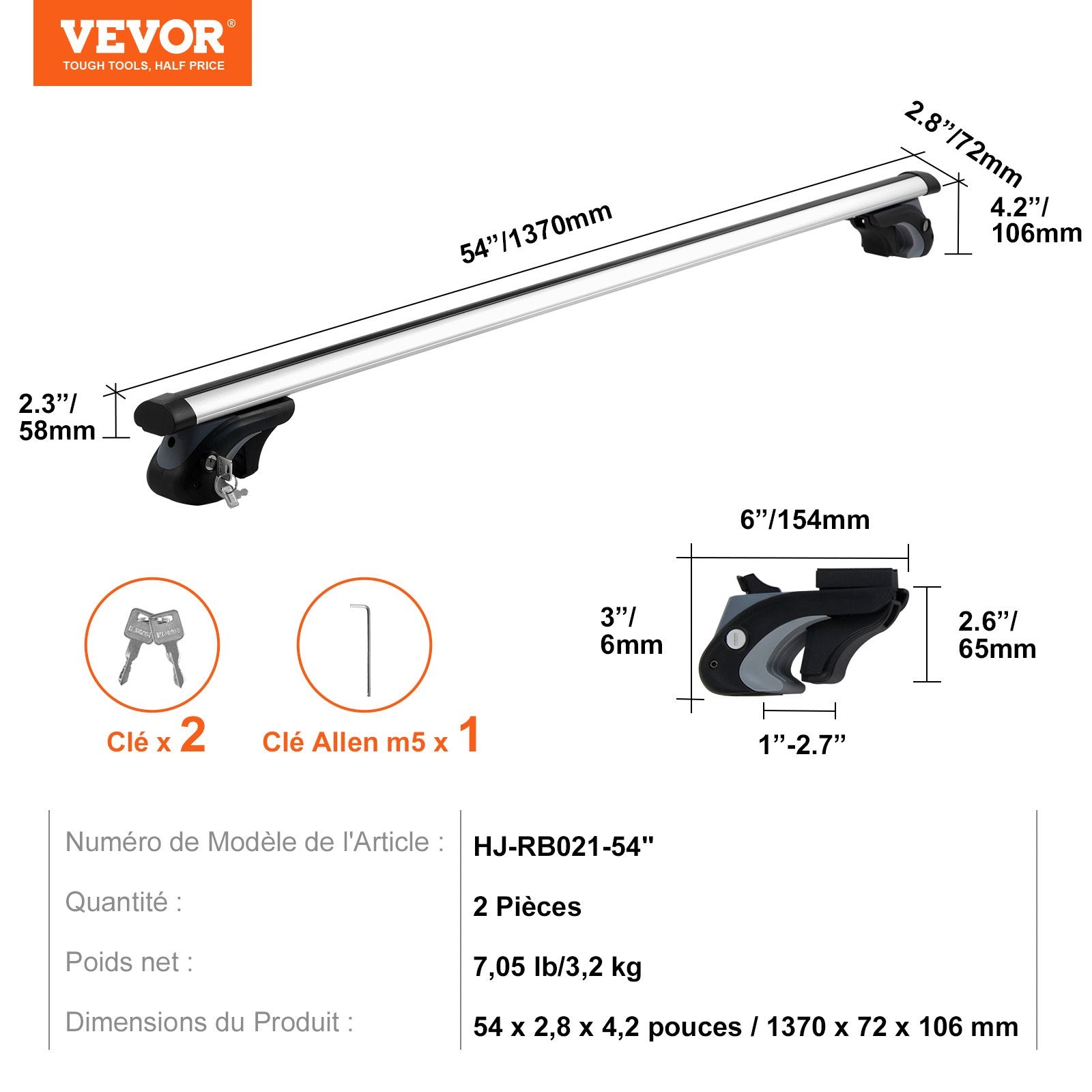 Roof Rack Cross Bars Aluminum Fit Raised Side Rail 90kg Load Adjustable w/Locks