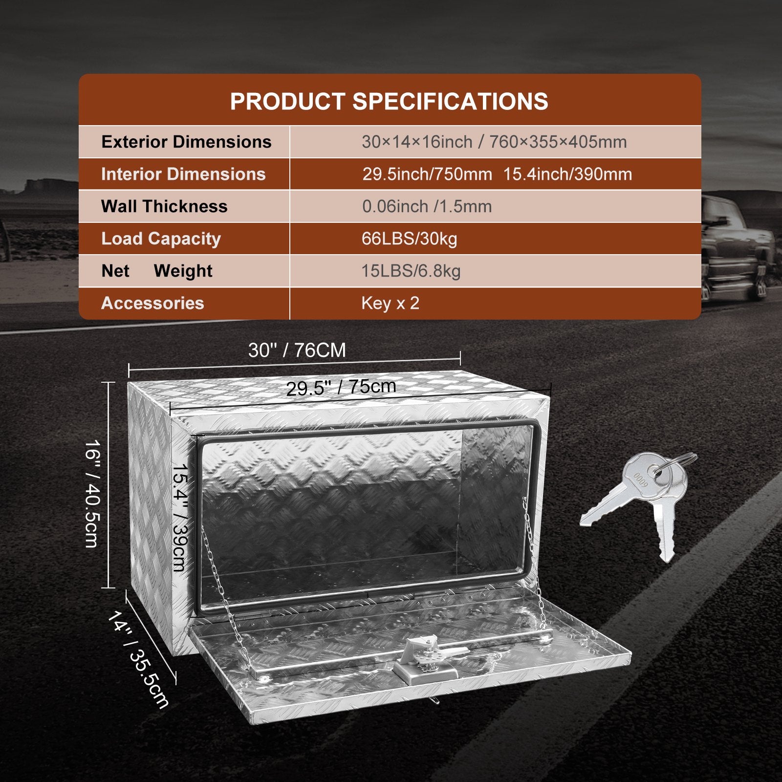 Underbody Truck Box 30"x14"x16" Heavy Duty Aluminum Tool Box with Lock