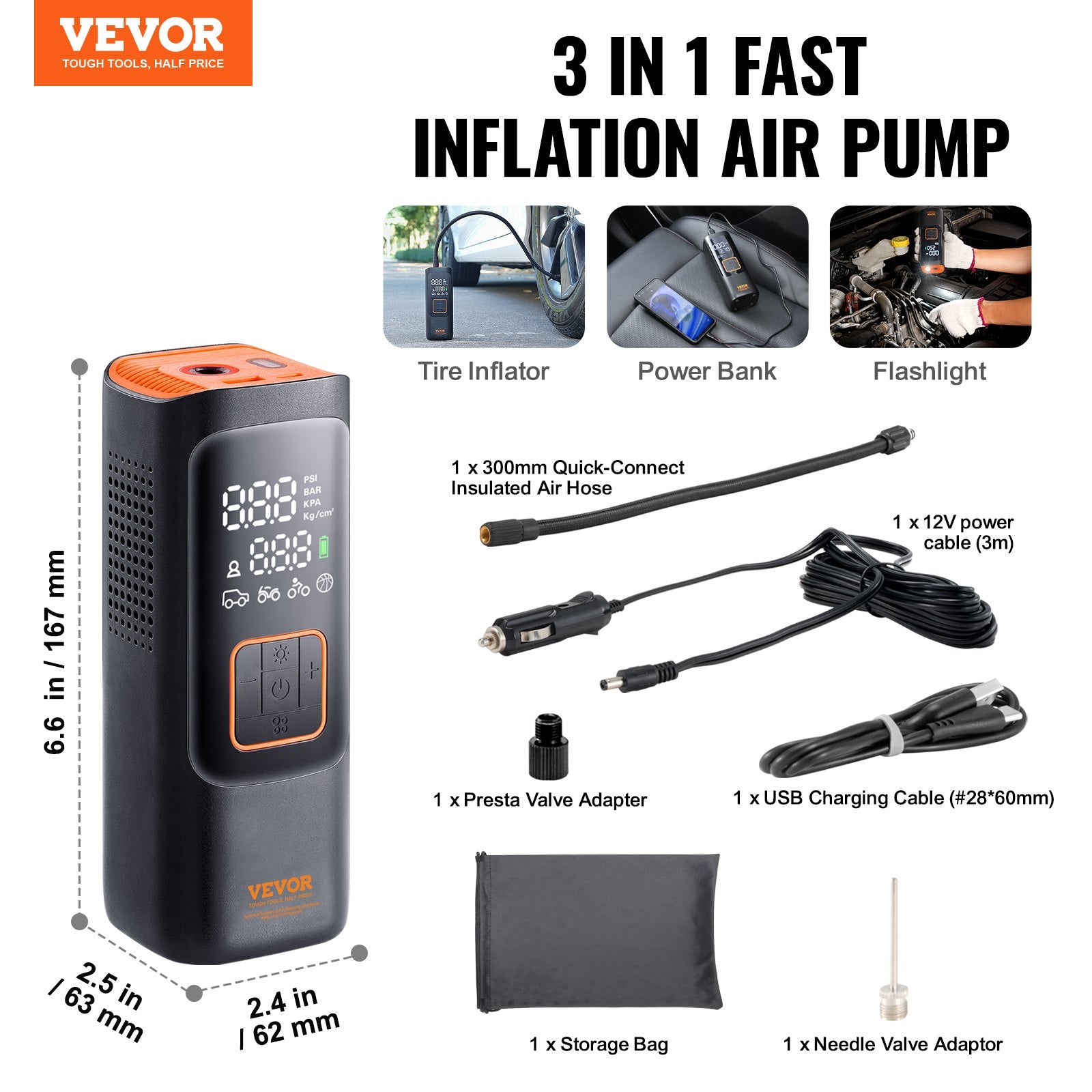 Tire Inflator Portable Air Compressor 7800mAh 12V Dual Power 160PSI Auto-Off