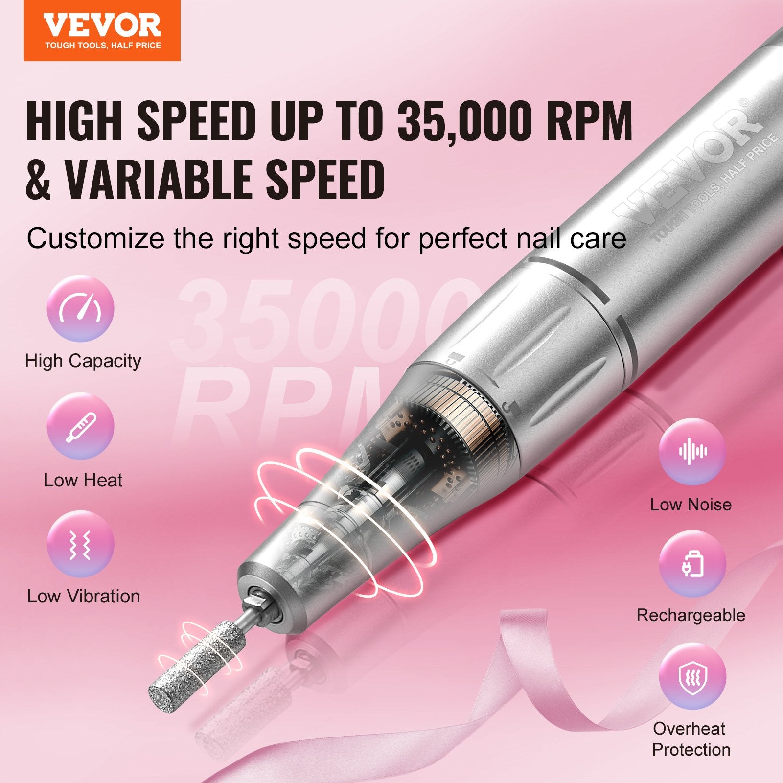 Nail Drill Electric Rechargeable 35000RPM Portable Cordless E-File LCD Display