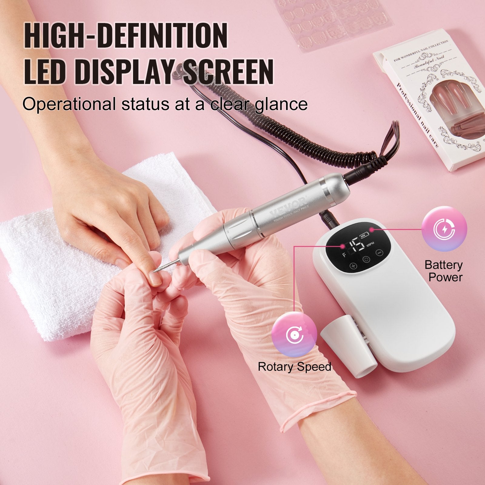 Nail Drill Electric Rechargeable 35000RPM Portable Cordless E-File LCD Display