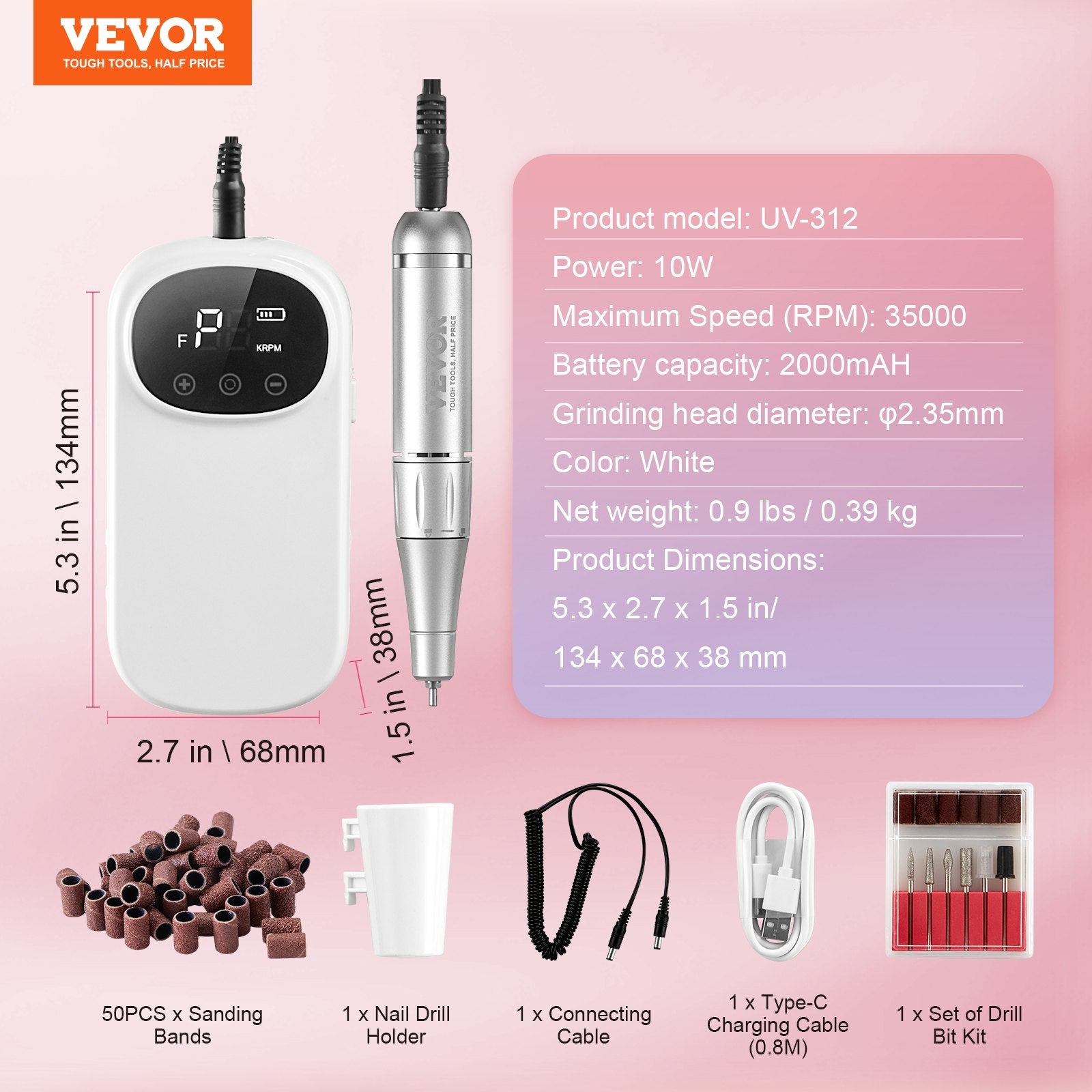 Nail Drill Electric Rechargeable 35000RPM Portable Cordless E-File LCD Display