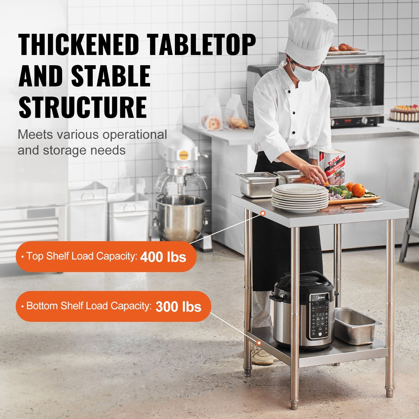 Stainless Steel Prep Table 24x24x34 in Heavy Duty Adjustable Workstation