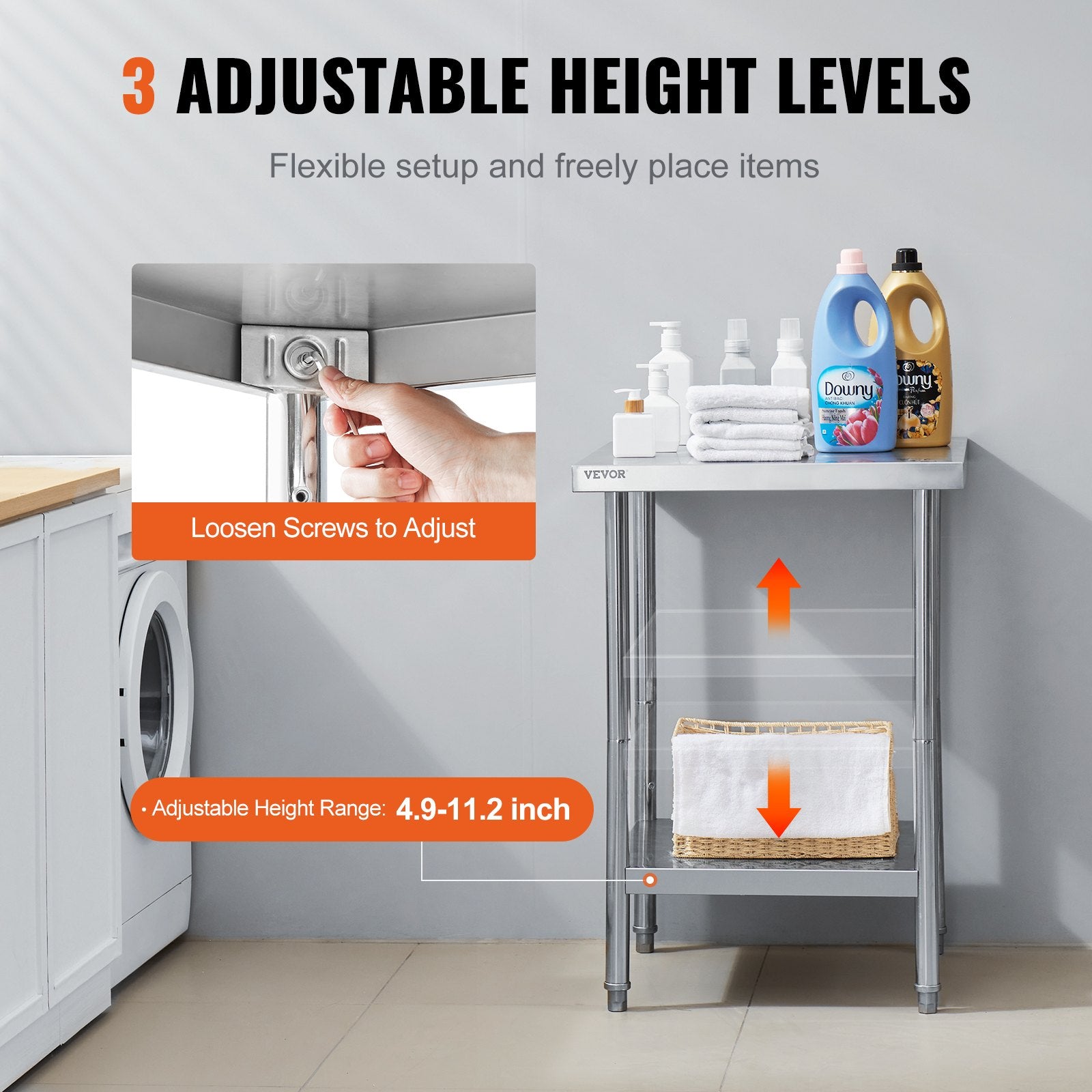 Stainless Steel Prep Table 24x24x34 in Heavy Duty Adjustable Workstation