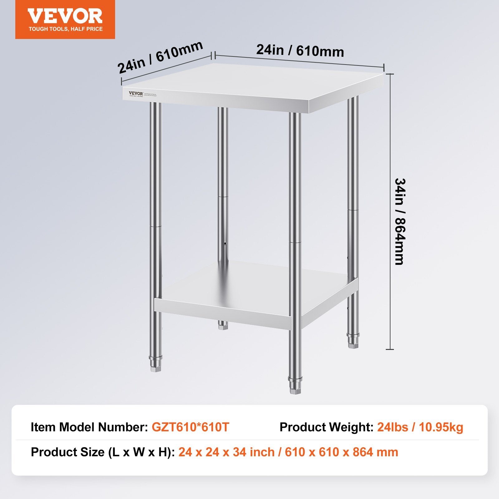 Stainless Steel Prep Table 24x24x34 in Heavy Duty Adjustable Workstation