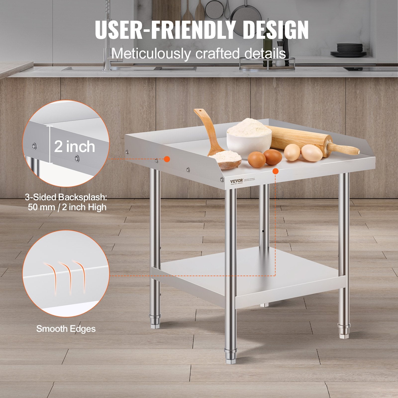 Stainless Steel Work Table 24x24x26in Heavy Duty Commercial Prep Backsplash