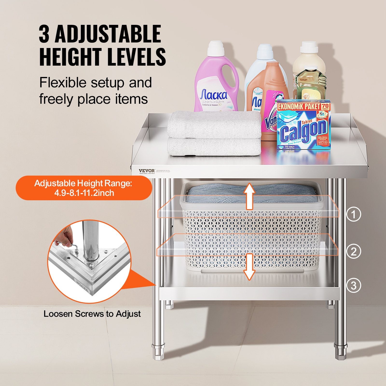 Stainless Steel Work Table 24x28x26 in Commercial Prep Table Adjustable Height