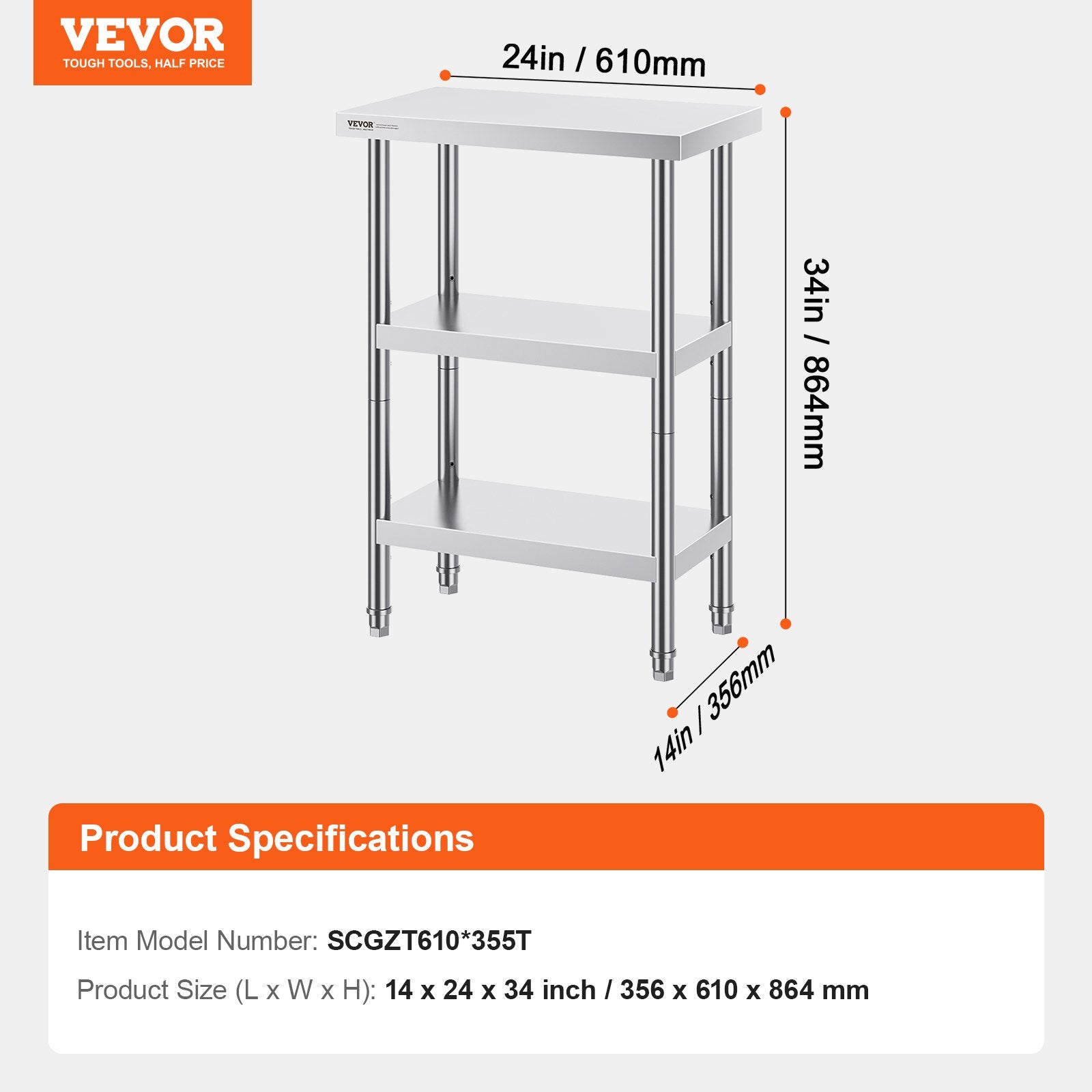 Stainless Steel Food Prep Table 14x24x34in Heavy Duty Commercial Undershelf
