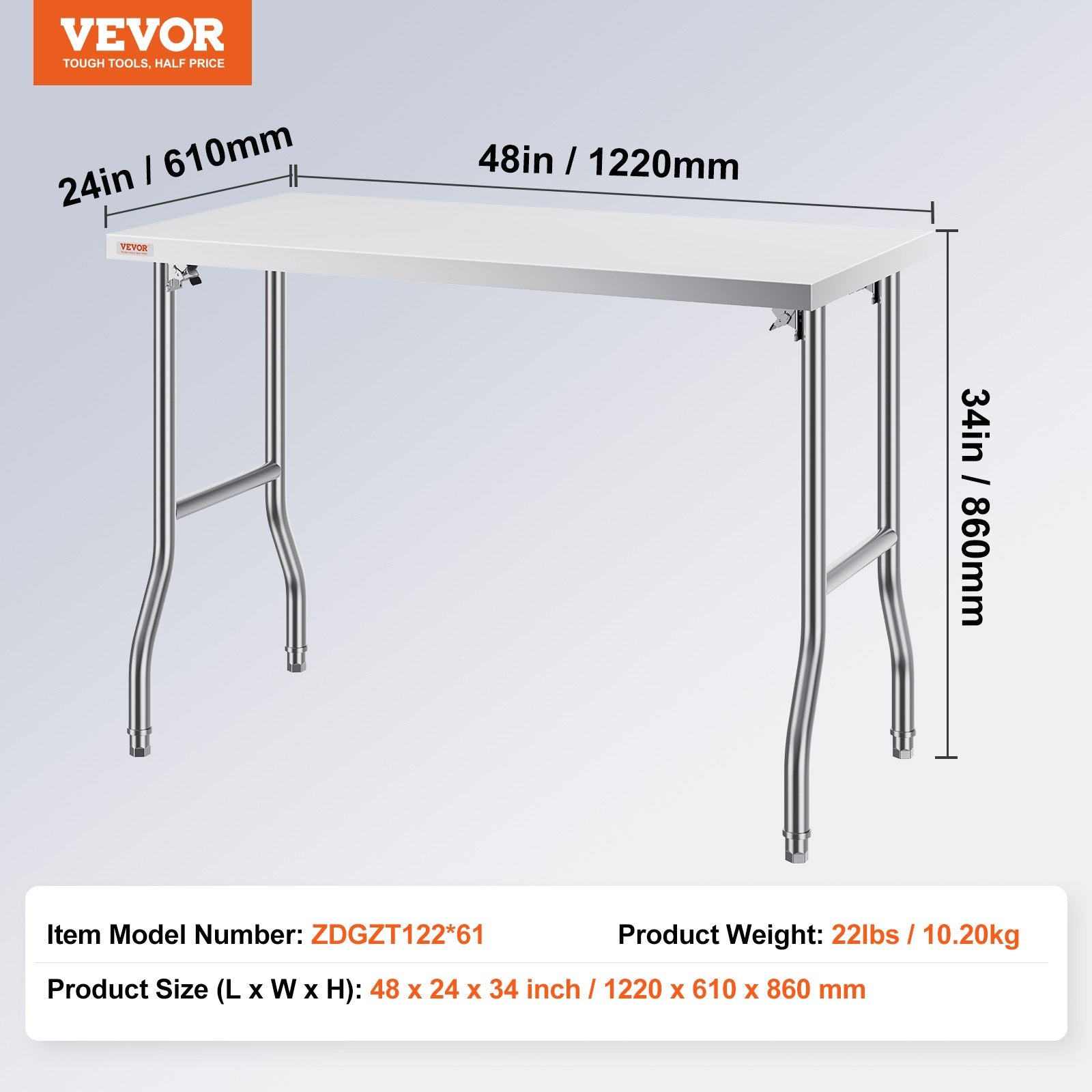 Stainless Steel Kitchen Bench 1220x610 mm Folding Commercial Prep Table