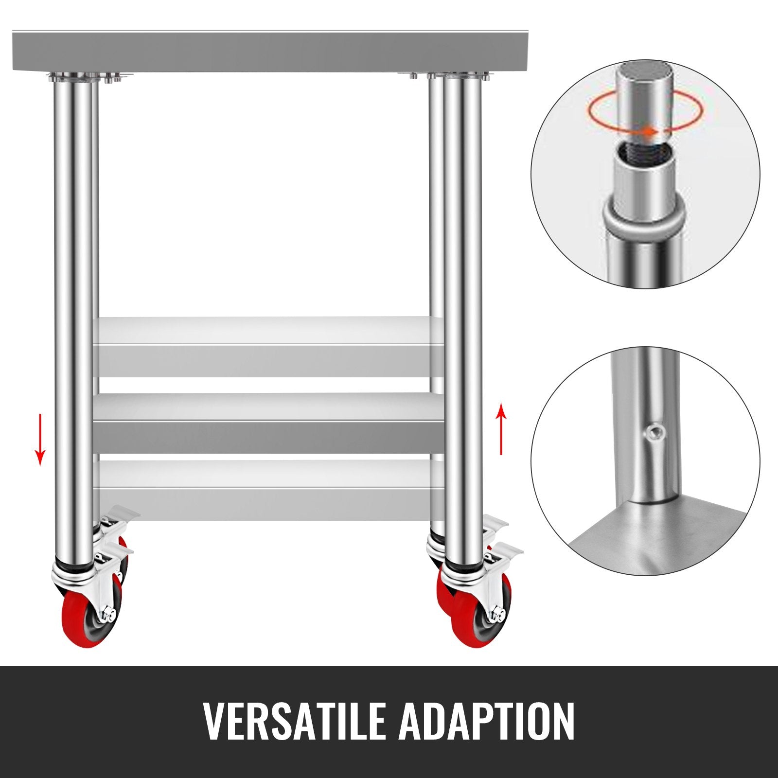 Stainless Steel Work Table 30x12x34", 700LBS, 4 Wheels, 3 Height Levels, Silver