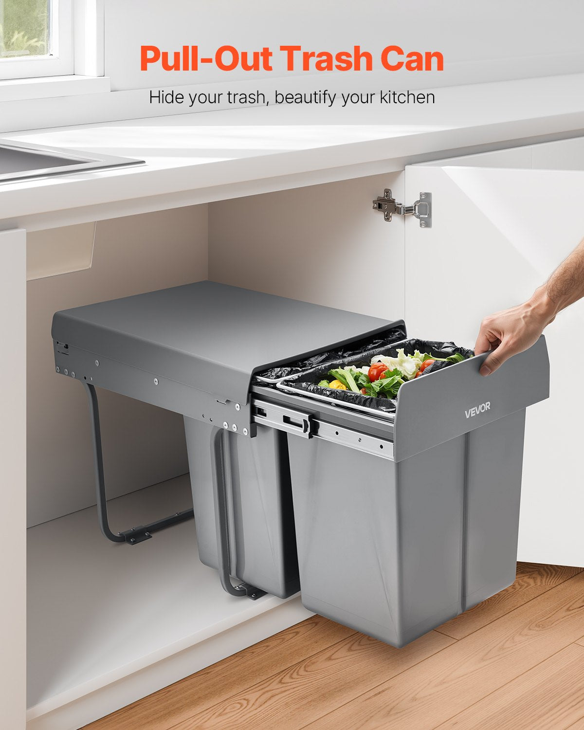 Pullout Trash Can Kitchen Cabinets Double Under Sink Waste Recycling Bin Handle