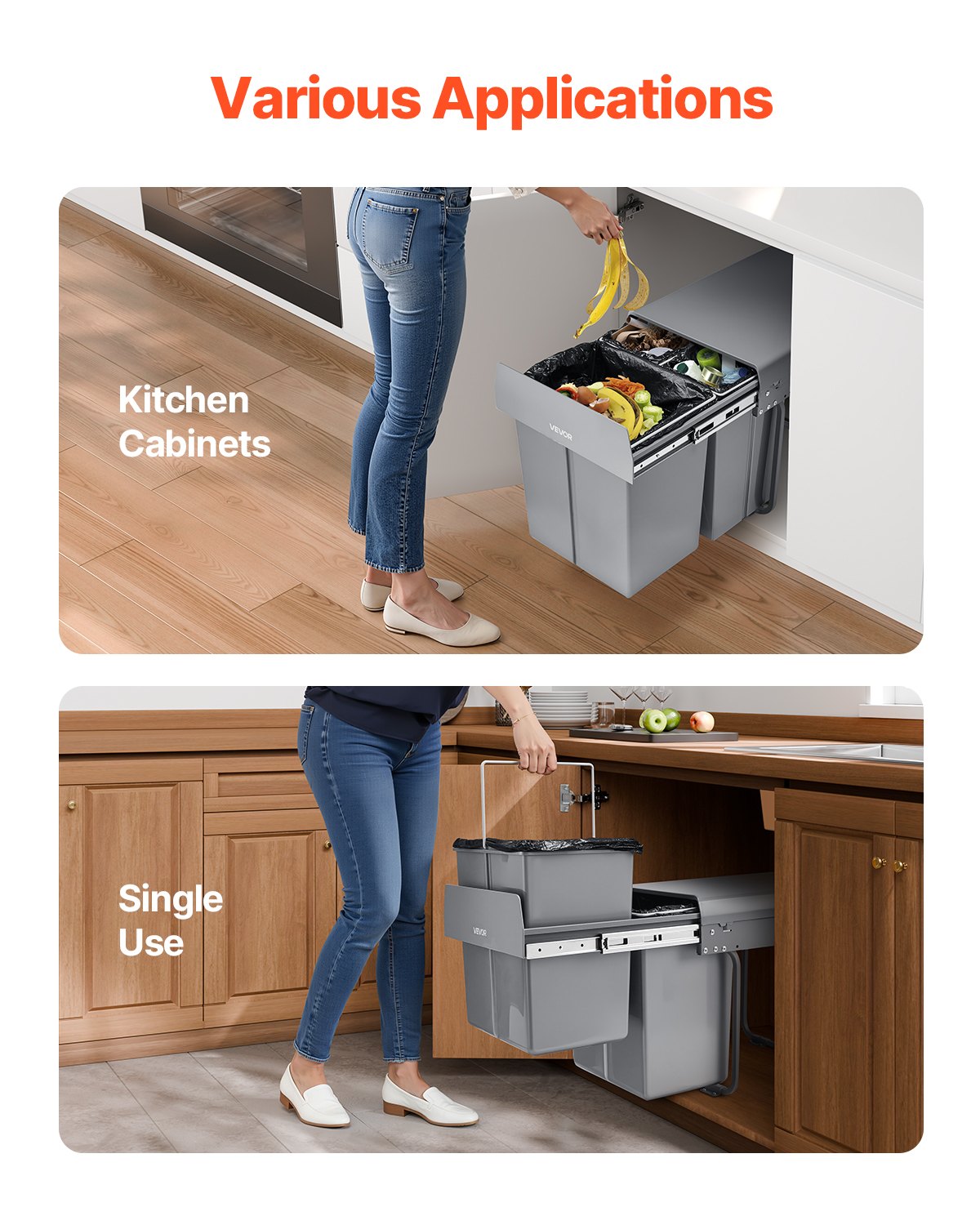 Pullout Trash Can Kitchen Cabinets Double Under Sink Waste Recycling Bin Handle
