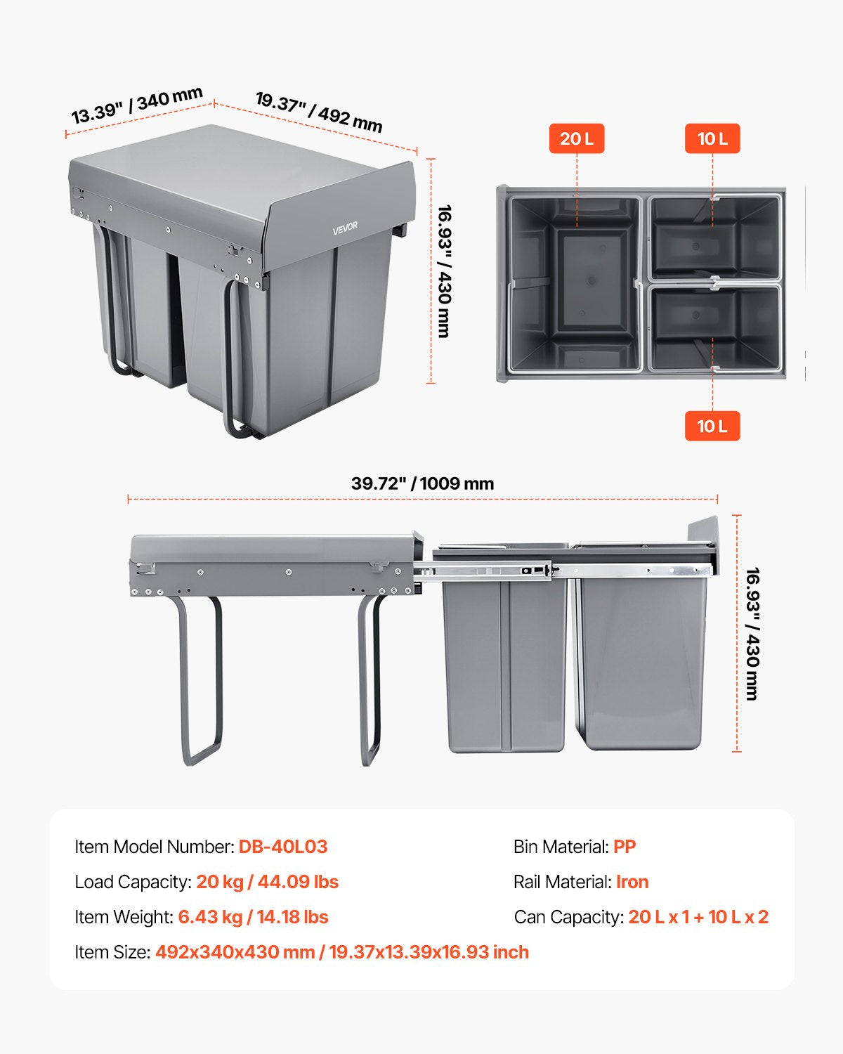 Pullout Trash Can Kitchen Cabinets Double Under Sink Waste Recycling Bin Handle