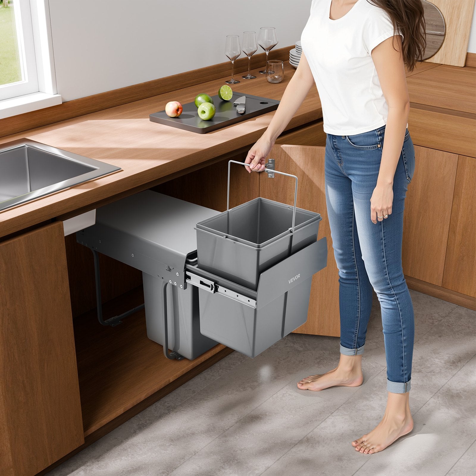 Pullout Trash Can Kitchen Cabinets Double Under Sink Waste Recycling Bin Handle