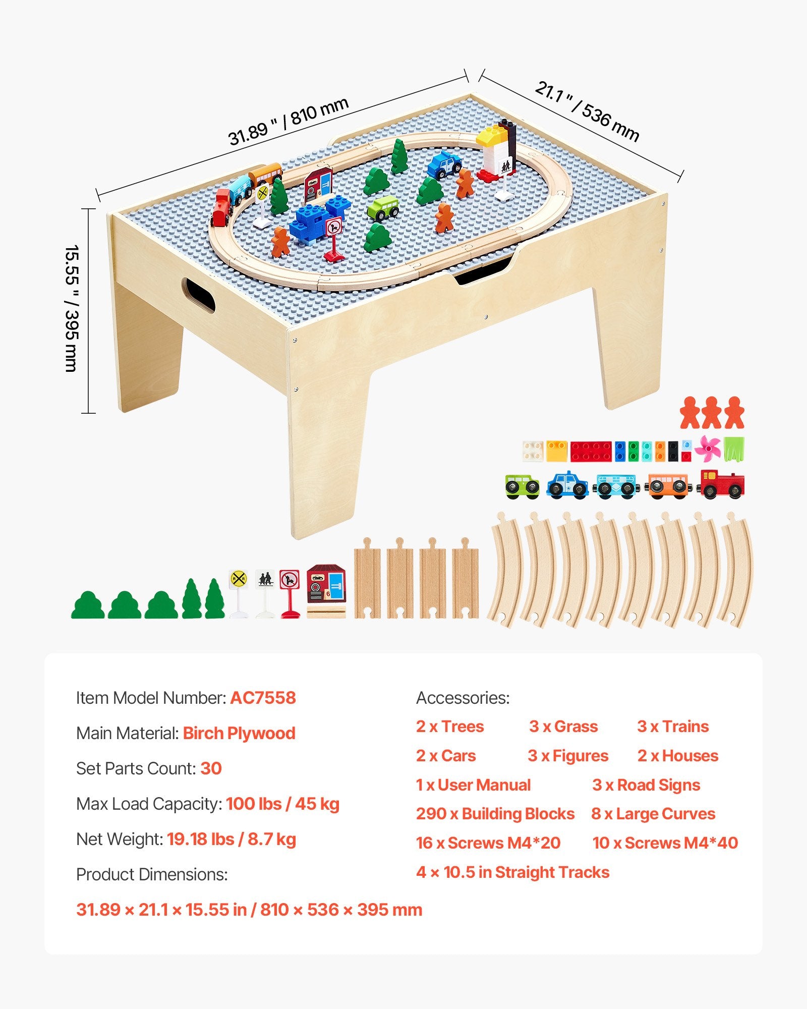 Multi-Purpose Activity Play Table 290 Bricks 30PCS Wooden Train Set with Storage