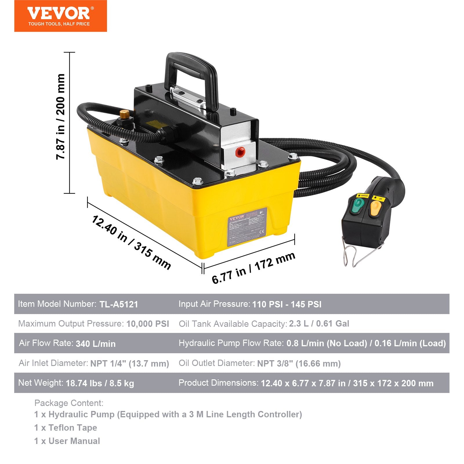 10,000PSI Air Hydraulic Pump, 2.3 L Reservoir, Air Actuated Foot Pump