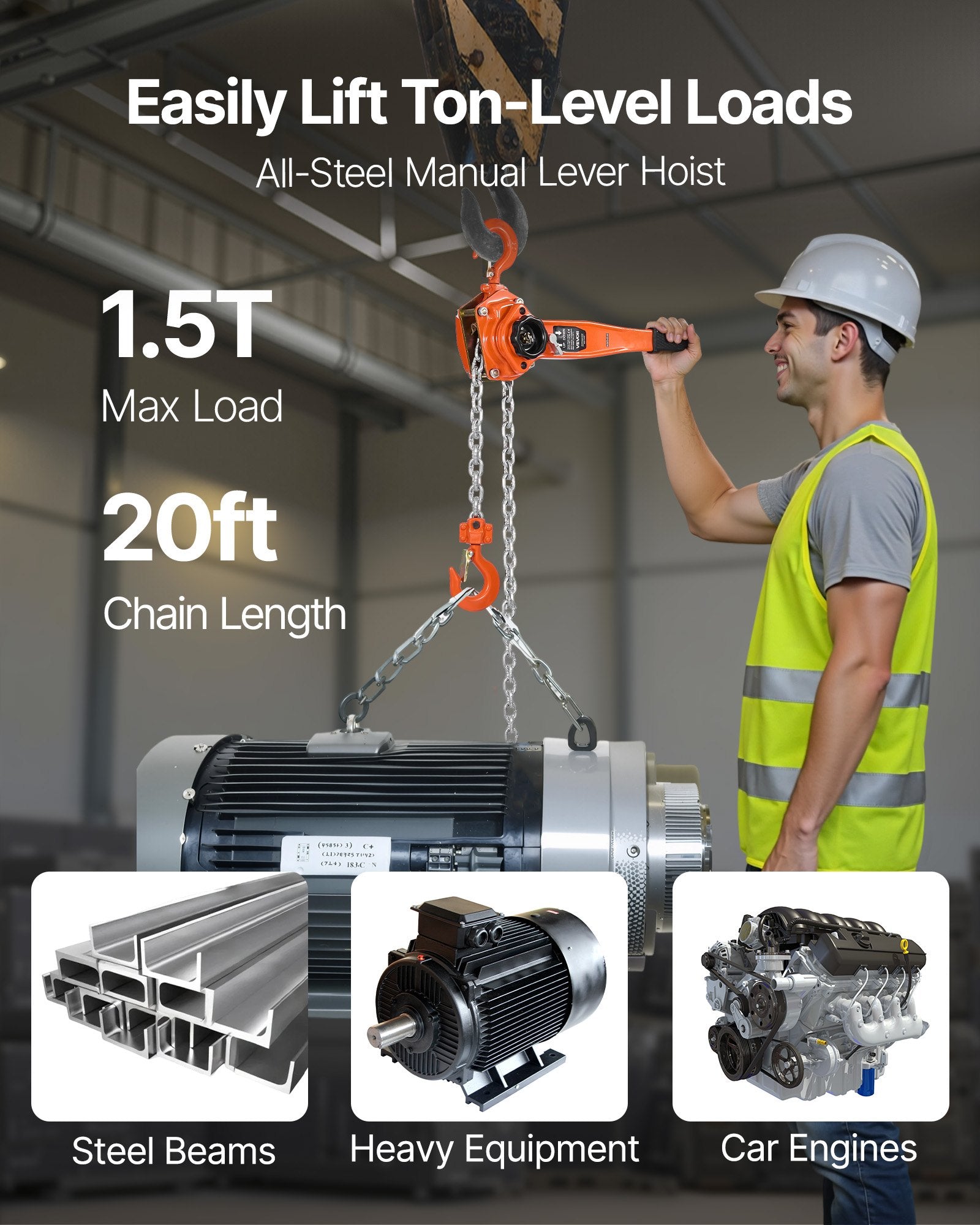 Manual Lever Chain Hoist 1.5T 1500KG 6M Lift G80 Chain Dual Pawl Brake
