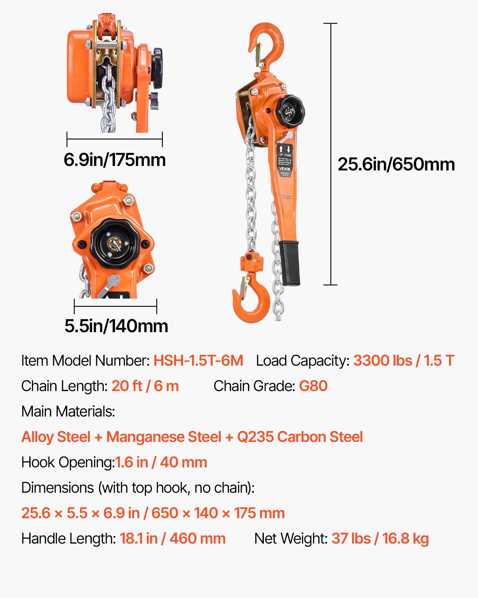 Manual Lever Chain Hoist 1.5T 1500KG 6M Lift G80 Chain Dual Pawl Brake
